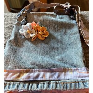 Denim Crossbody Bag Upcycled Flowers Accent Zipper Shoulder Bag Purse
